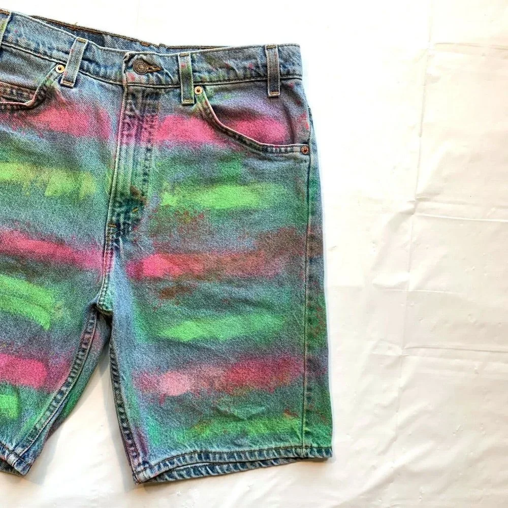 Vintage Levi's 550 Jean Denim Shorts Men 32‎ (31) USA Orange Tab Painted Altered